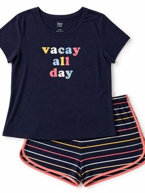 Sleep Chic Pajama Set Womens Large | Vacay All Day Tee + Striped Shorts Lounge